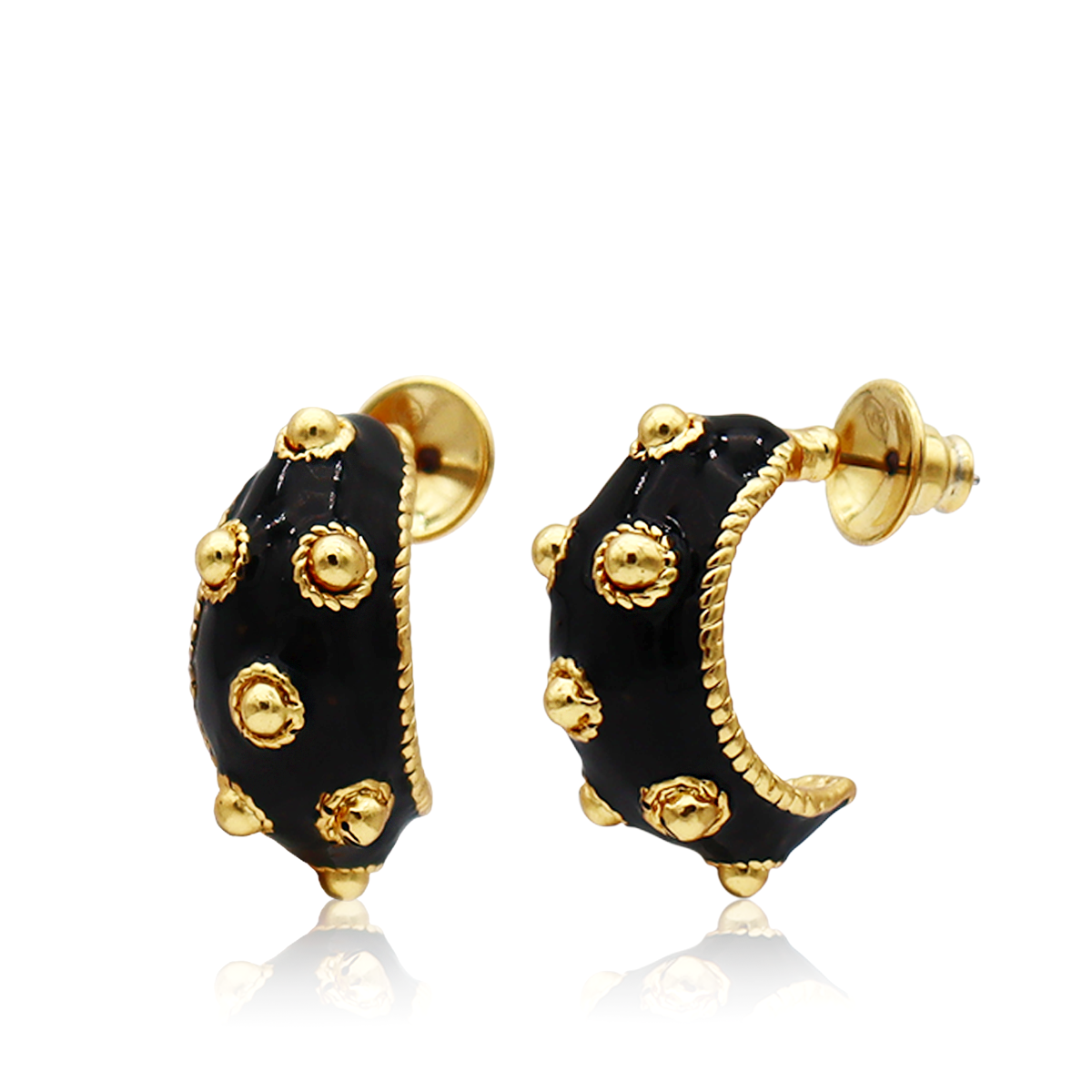 Dots Hoop Earrings Black Enamel - 24K Gold Plated