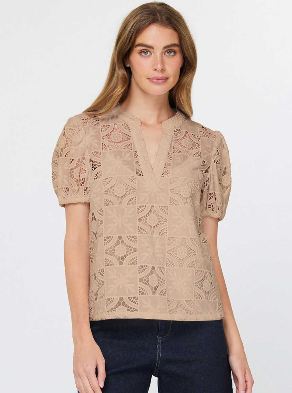 Lace V-neck short sleeve blouse