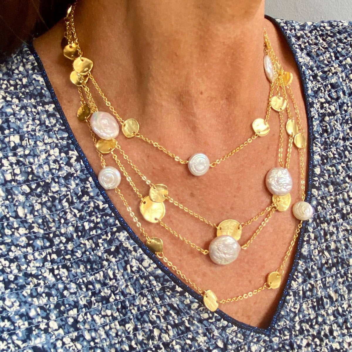 Chic Multi-Strand Coin & Flat Pearl Statement Necklace
