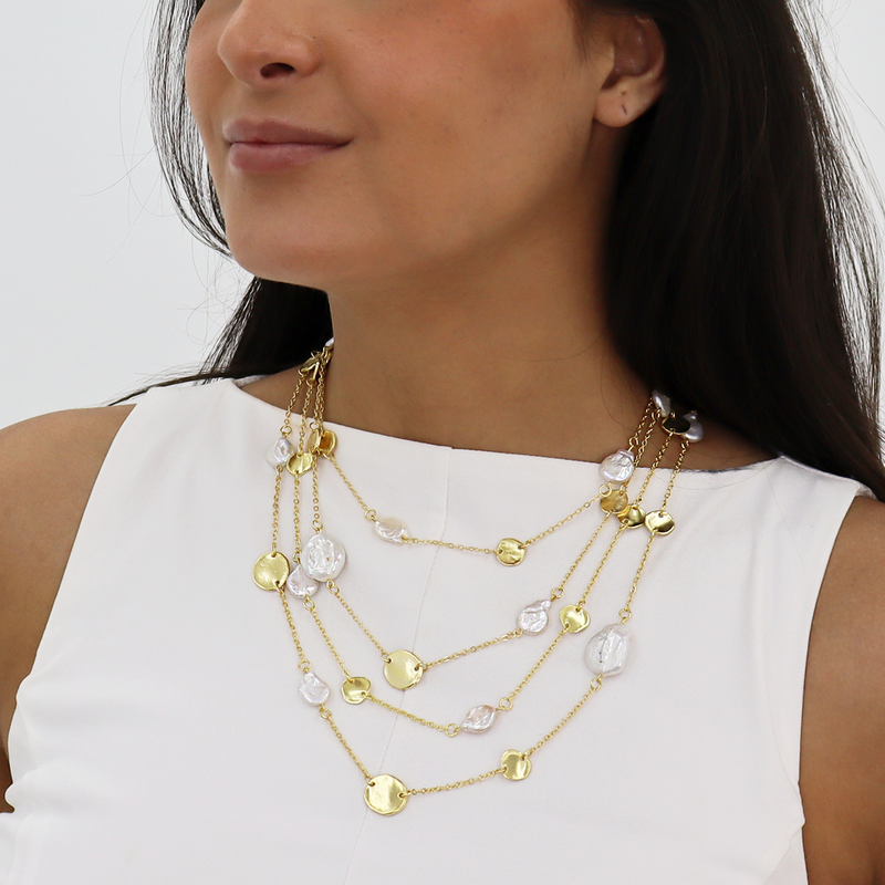 Chic Multi-Strand Coin & Flat Pearl Statement Necklace