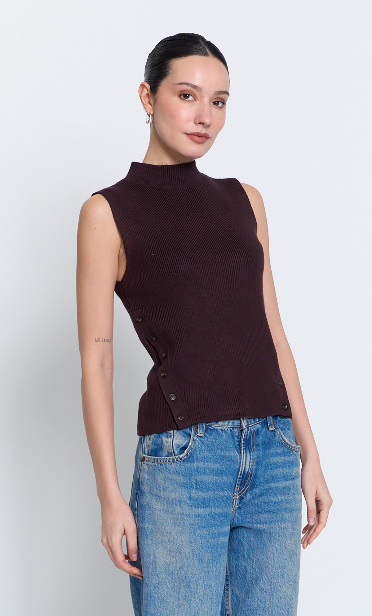 BIRCH SLEEVELESS TURTLENECK WITH BUTTON DETAIL
